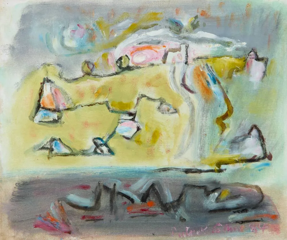 UNTITLED by Patrick Collins, 1984, oil on canvas laid on board, sold Sep 2024