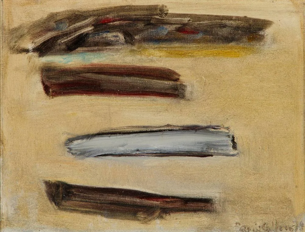 BOATS PULLED UP by Patrick Collins, 1978, oil on board, sold Sep 2024