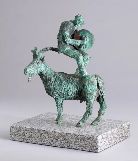 John Coll, GOAT AND BODHRÁN PLAYER, bronze on polished granite; (unique)