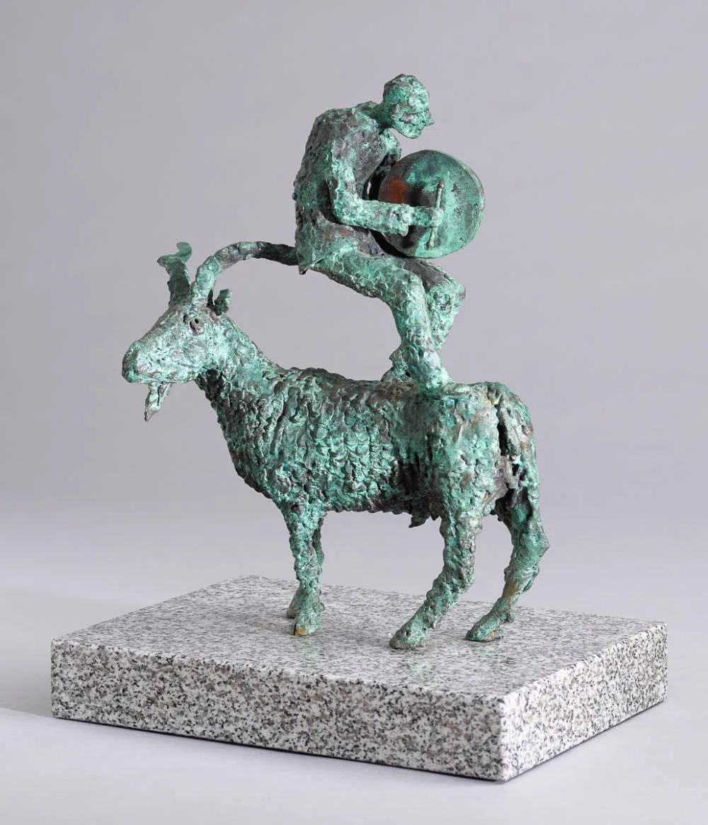 GOAT AND BODHRÁN PLAYER by John Coll, bronze on polished granite; (unique), offered Sep 2024