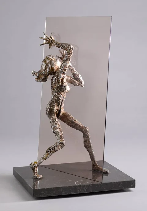 Rowan Gillespie, DILEMMA, 1979, aluminium alloy and Plexiglass on marble base; (no. 2 from an edition of 9)