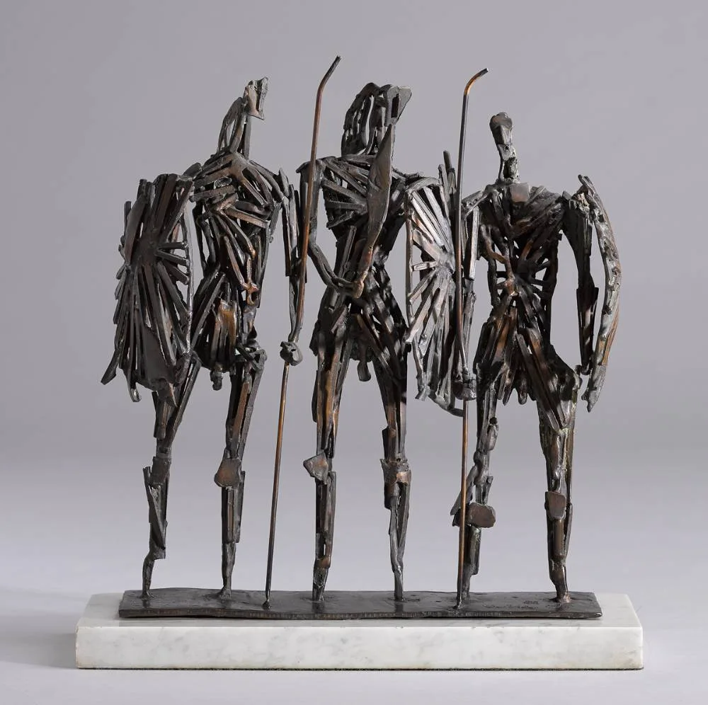 THREE WARRIORS by John Behan, 1975, bronze on white marble base; (unique), sold Sep 2024