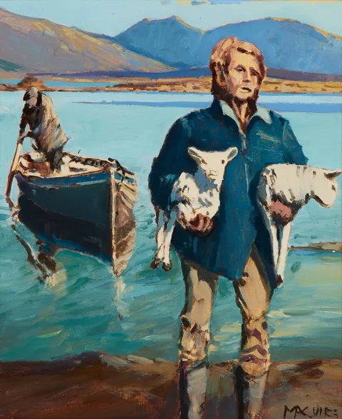 MOVING LAMBS BY BOAT by Cecil Maguire, oil on board, sold Sep 2024