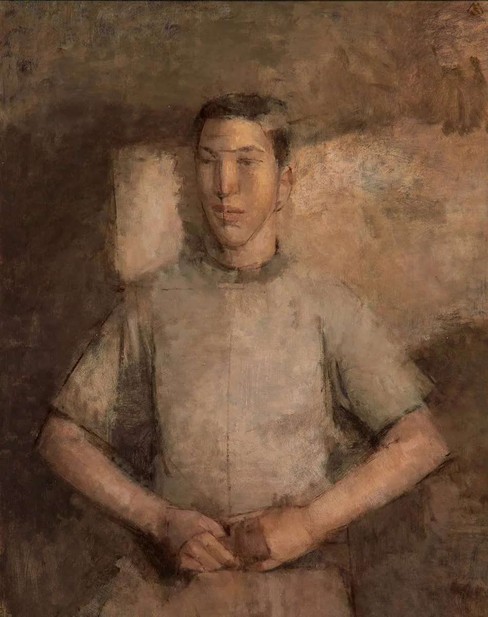 SEATED BOY by Mark Shields, oil on canvas, sold Sep 2024