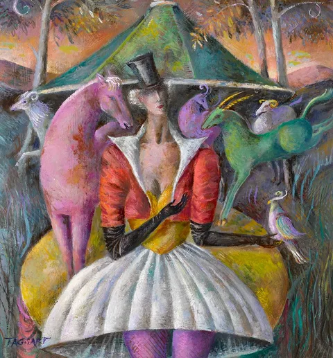 WOODLAND CAROUSEL by Elizabeth Taggart, 2005, oil on board, offered Jul 2024