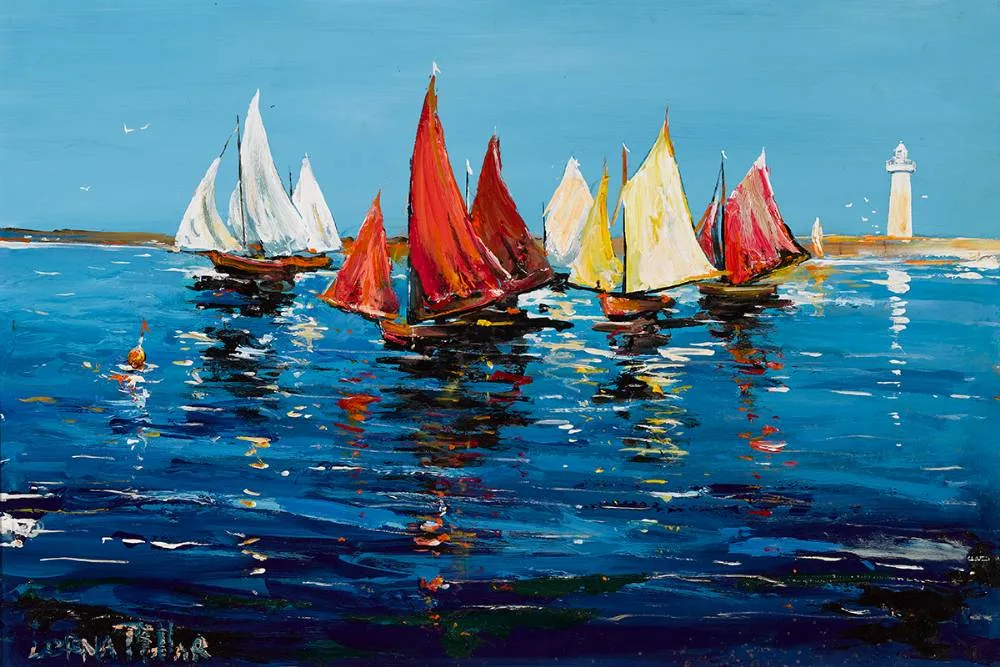 Lorna Millar, SAILBOATS IN A HARBOUR, mixed media on board