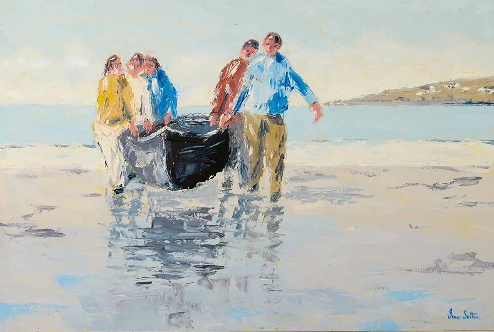 LIFTING UP THE CURRACH by Ivan Sutton, oil on canvas, offered Jul 2024