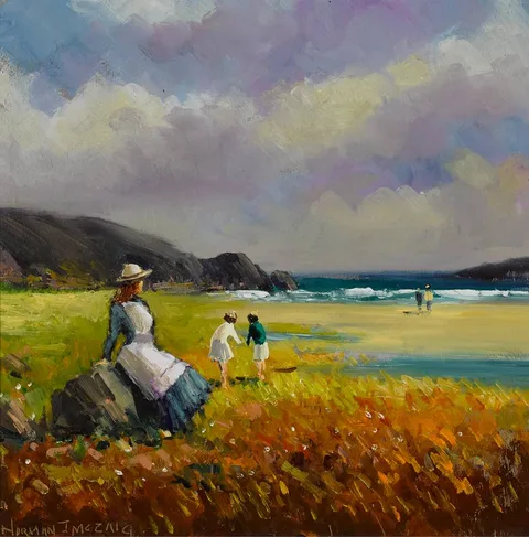 ON THE BEACH by Norman J. McCaig, oil on board, sold Jul 2024