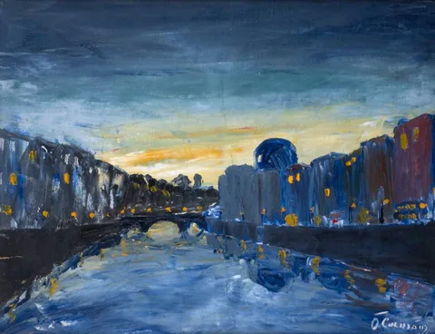 Séamus O'Colmáin, OÍCHE COIS LIFE (RIVER LIFFEY AT NIGHT), oil on board