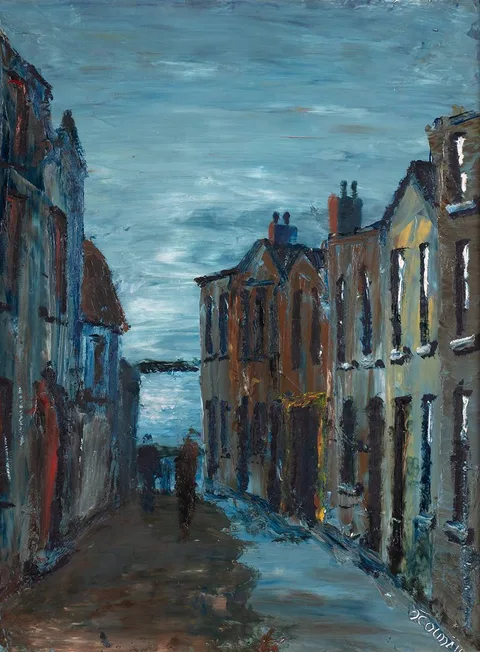 Séamus O'Colmáin, STREET SCENE BY THE COAST, oil on board