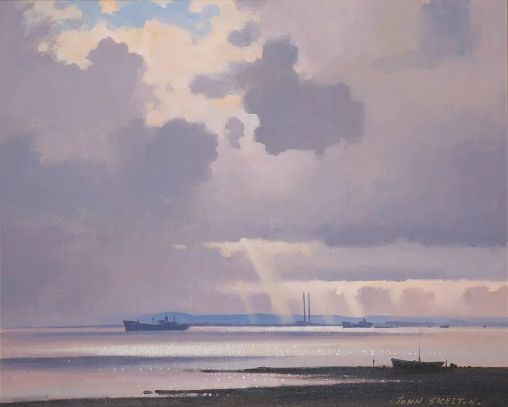 DUBLIN PORT, EVENING by John Skelton, 1987, oil on board, sold Jul 2024