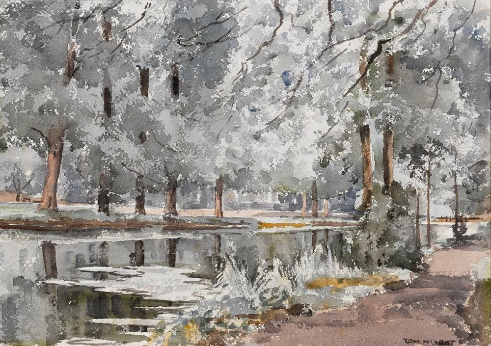 PATH BY A TREE LINED RIVER by Tom Nisbet, watercolour, sold Jul 2024