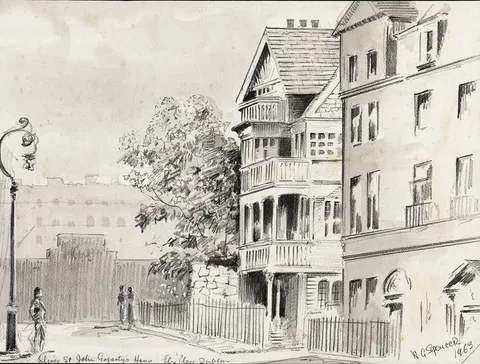 William G. Spencer, OLIVER ST. JOHN GOGARTY'S HOUSE, ELY PLACE, DUBLIN, 1963, pencil and wash heightened with white