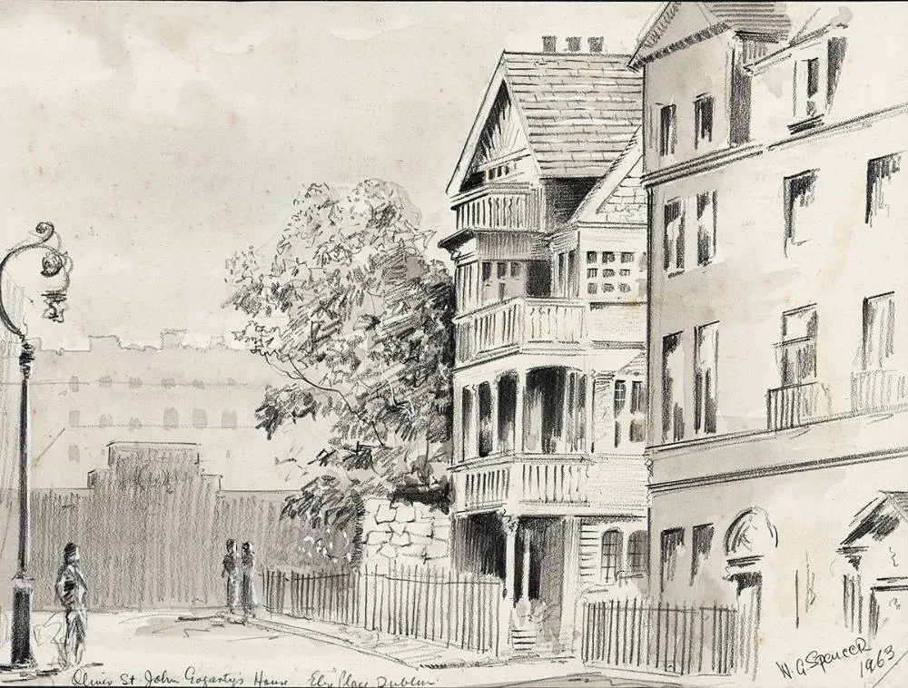 William G. Spencer, OLIVER ST. JOHN GOGARTY'S HOUSE, ELY PLACE, DUBLIN, 1963, pencil and wash heightened with white