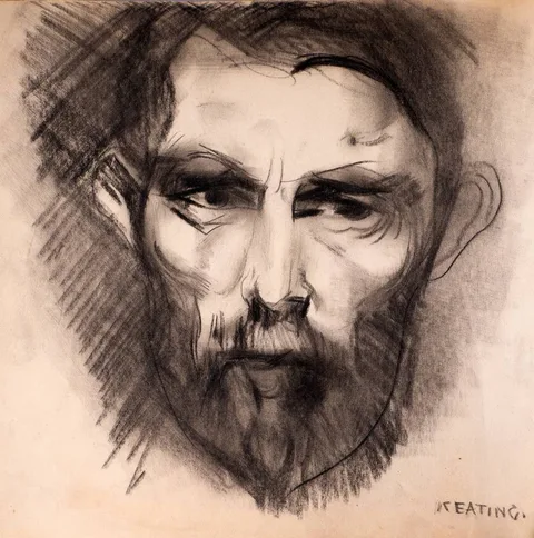 SELF PORTRAIT (IN AN AUTOGRAPH BOOK WITH OTHER ARTIST'S DRAWINGS) by Seán Keating, charcoal, offered Jul 2024