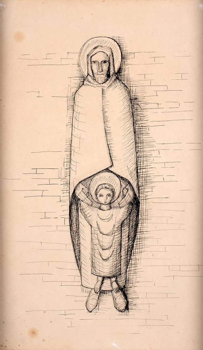 Ian Stuart, SKETCH FOR STATUE - ST. JOSEPH AND CHILD, 1964, ink