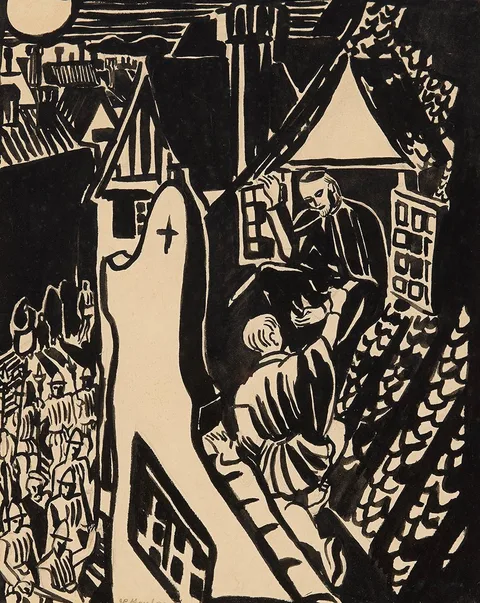 ROOFTOP ESCAPE by Father Jack P. Hanlon, mixed media, sold Jul 2024