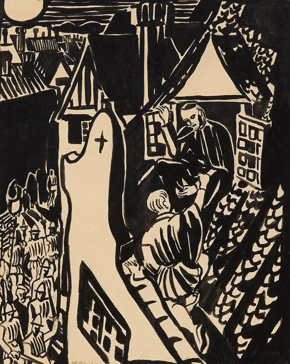 ROOFTOP ESCAPE by Father Jack P. Hanlon, mixed media, sold Jul 2024