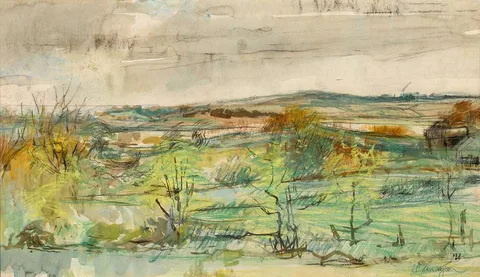 LANDSCAPE by Terence P. Flanagan, crayon, ink and wash, sold Jul 2024
