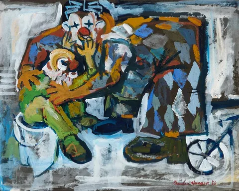 CLOWNS by Charles Harper, 1964, gouache, offered Jul 2024