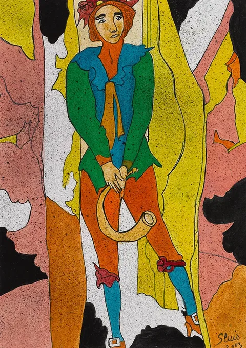 Piet Sluis, THE HORN BLOWER, 2003, mixed media on board