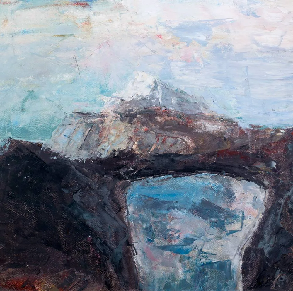 MOUNTAIN LANDSCAPE by Aidan Bradley, 1998, oil on board, sold Jul 2024