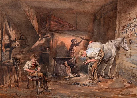 James Mahony, A FARRIER AND HIS APPRENTICES, 1876, watercolour and gouache
