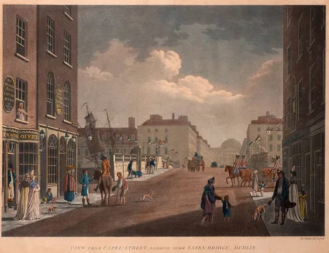 James Malton, ST. STEPHEN'S GREEN, DUBLIN and VIEW FROM CAPEL STREET (A PAIR), hand-coloured aquatint; (2)