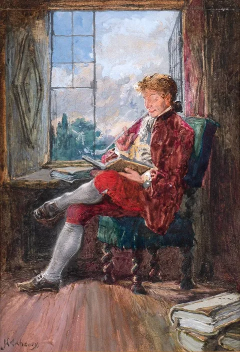 James Mahony, A GENTLEMAN READING BY THE WINDOW WHILE SMOKING A PIPE, watercolour and gouache