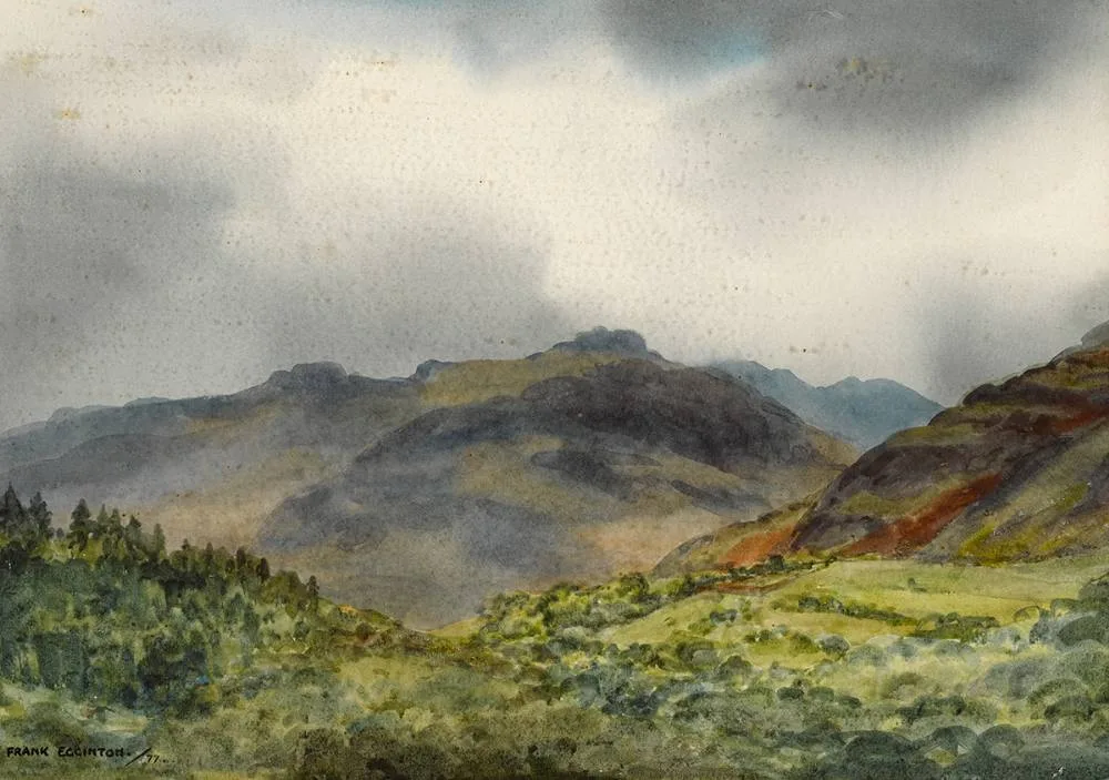 MOUNTAINS LANDSCAPE by Frank Egginton, 1977, watercolour, offered Jul 2024