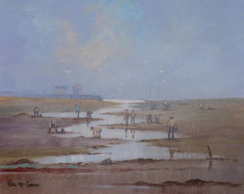 Val McGann, CLAM DIGGERS, MARINE COAST, oil on board