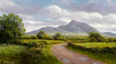 CROAGH PATRICK FROM ERRIFF VALLEY, COUNTY MAYO by Gerry Marjoram, oil on canvas board, sold Jul 2024