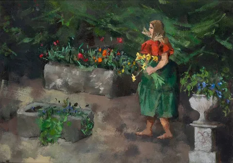 FLOWER TROUGHS by Sarah le Jeune, oil on board, offered Jul 2024