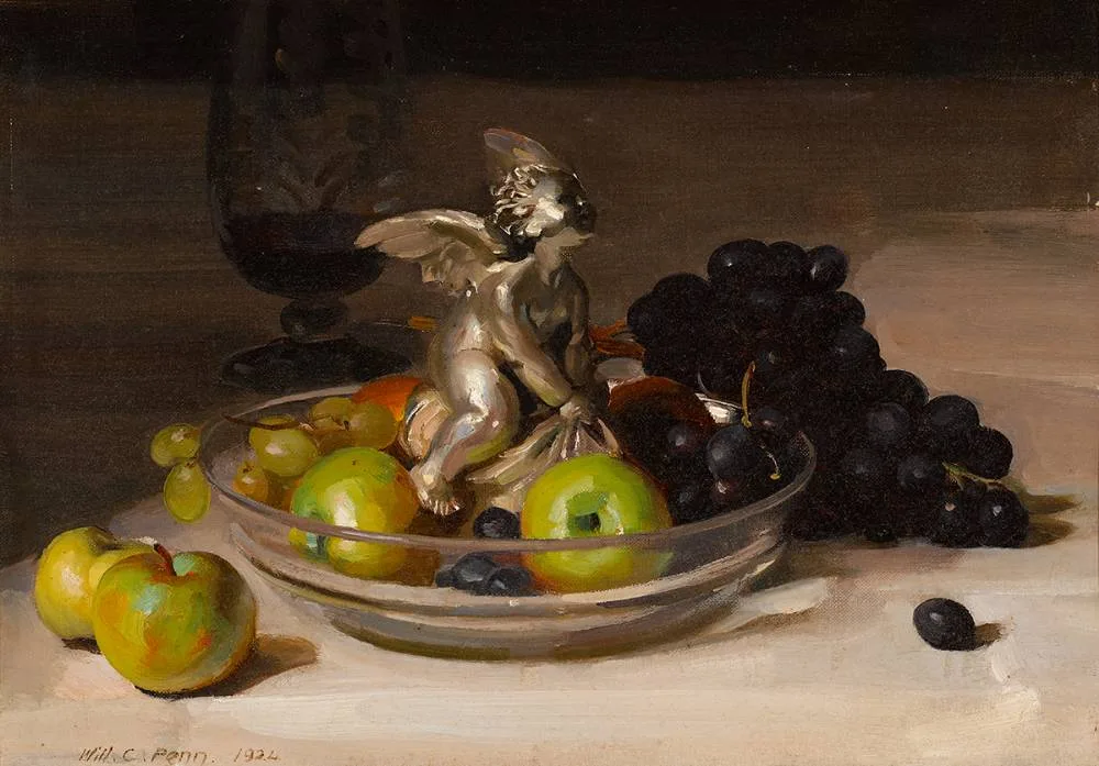 STILL LIFE WITH SILVER CHERUBIM AND FRUIT by William Charles Penn, 1924, oil on canvas, sold Jul 2024