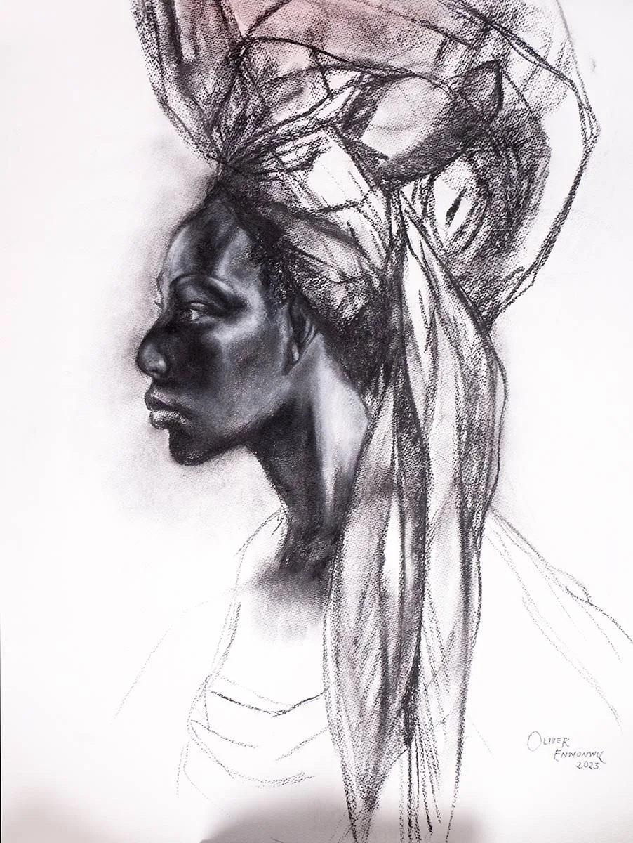 Oliver Enwonwu, PORTRAIT OF A WOMAN, 2023, charcoal heightened with white; (unframed)