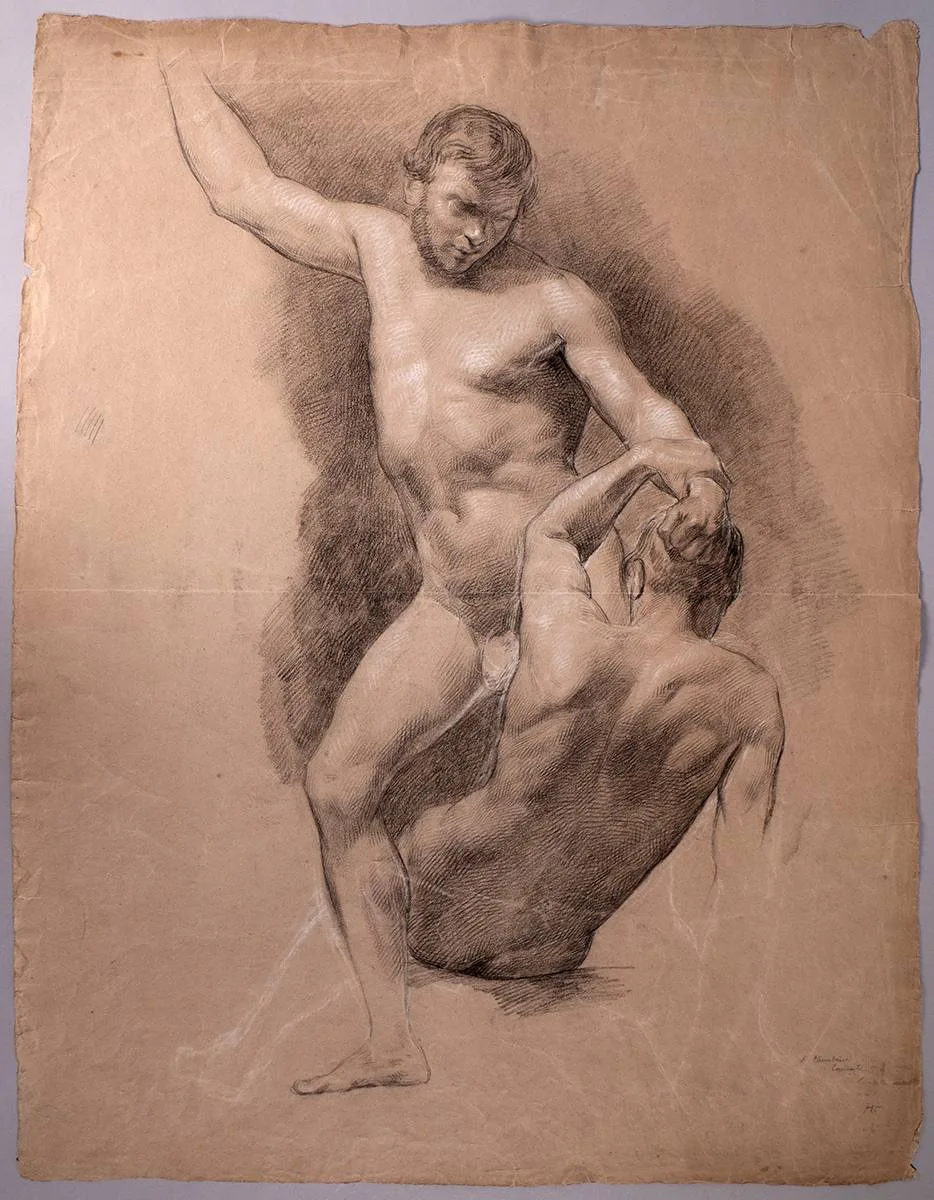 19th Century School, STUDIES OF MALE NUDES [SET OF FOUR], charcoal; (2); charcoal heightened with white; (2); (unframed)