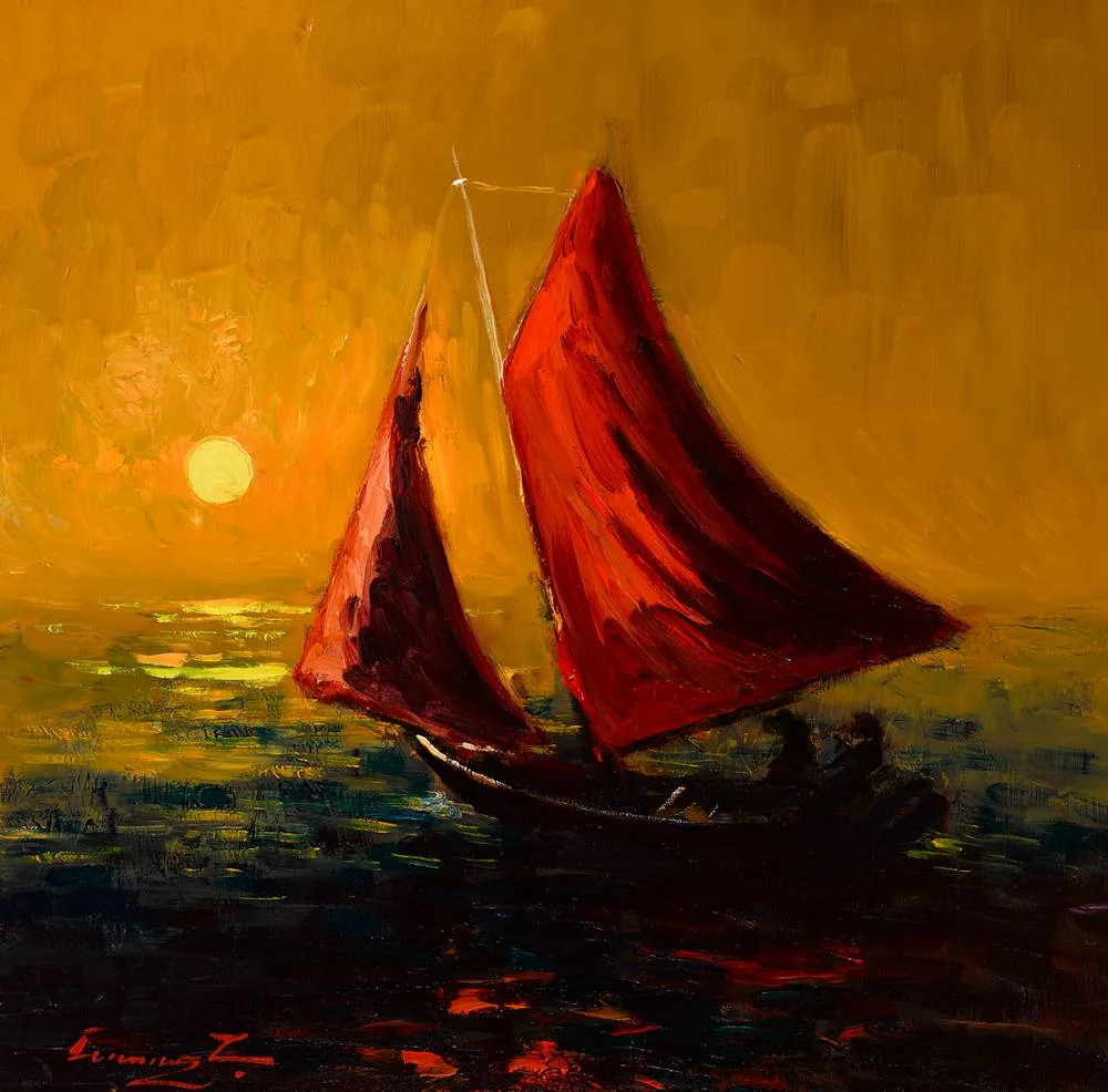 L. Cumming, RED SAILS IN THE SUNSET, THE GALWAY HOOKER, acrylic on board