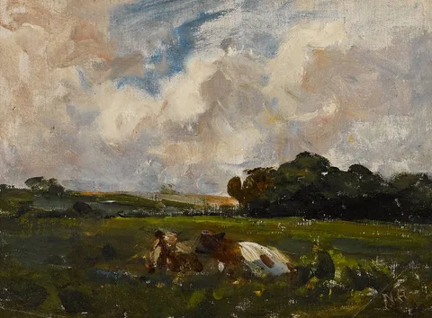 CATTLE IN PASTURE, MALAHIDE, COUNTY DUBLIN by Nathaniel Hone, oil on canvas laid on board, sold May 2024