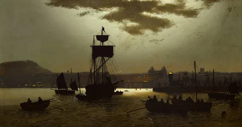 John Atkinson Grimshaw, SCARBOROUGH HARBOUR, oil on card laid on panel
