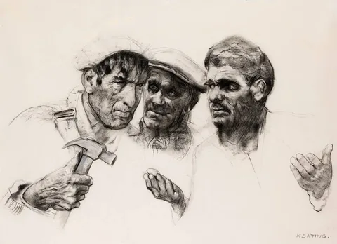 Seán Keating, THREE IRISH WORKMEN, c.1971, charcoal heightened with white chalk