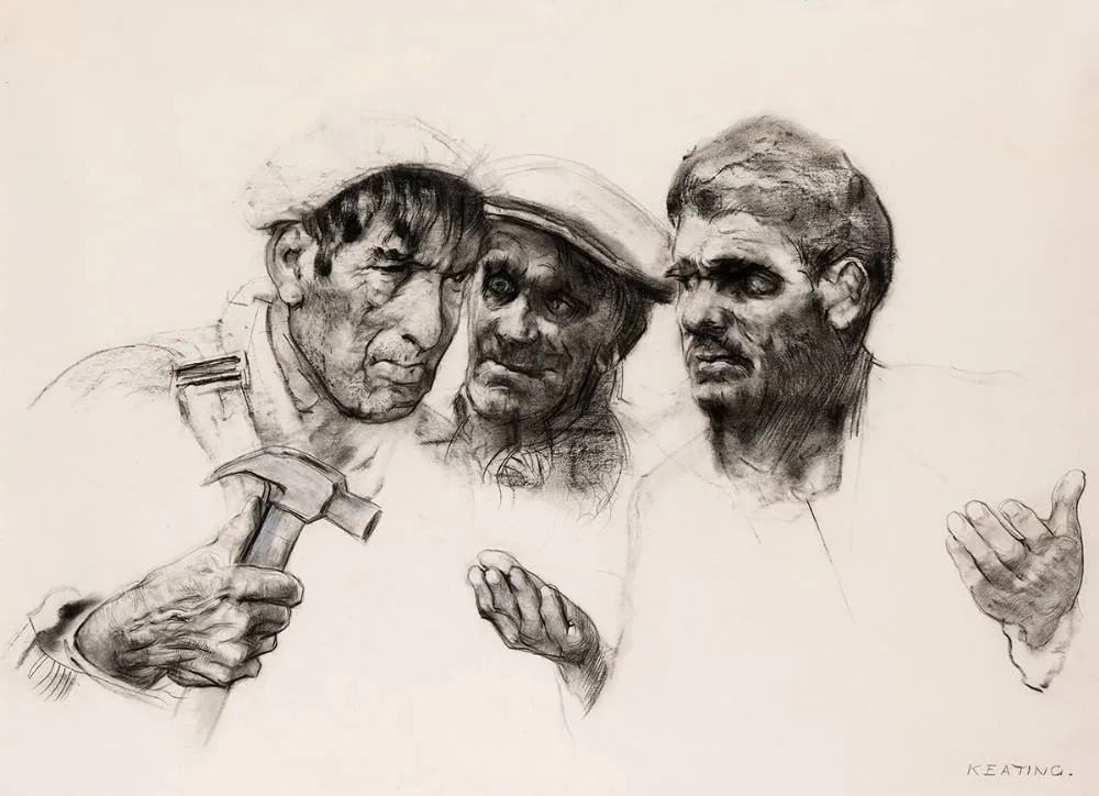 THREE IRISH WORKMEN by Seán Keating, c.1971, charcoal heightened with white chalk, sold May 2024