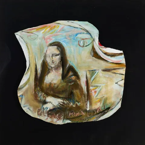 Patrick Collins, RELEASE MONA LISA, 1986, oil on canvas; (irregular)