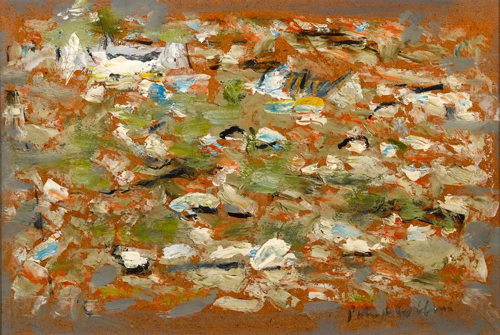 DESERTED COTTAGES by Patrick Collins, c.1973, oil on board, sold May 2024