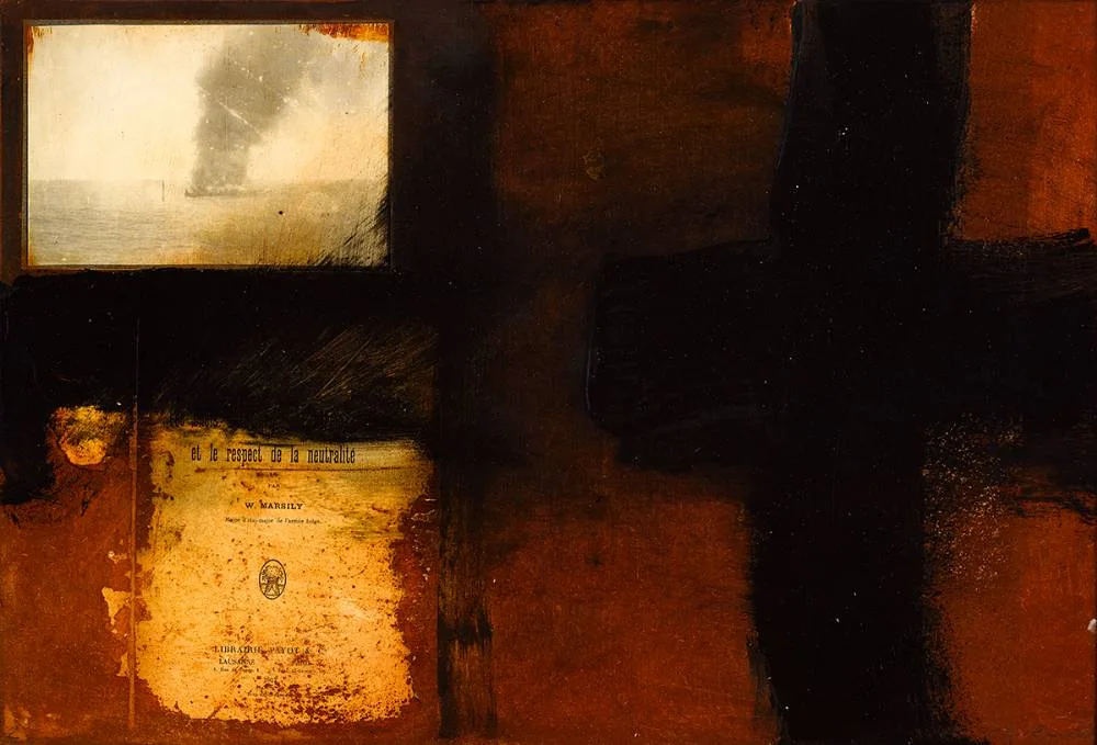RESPECT NEUTRALITY by Hughie O'Donoghue, 2009, oil and collage on board, sold May 2024