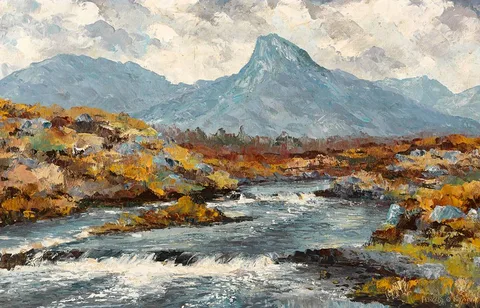 Fergus O'Ryan, BALLYNAHINCH RIVER, CONNEMARA, oil on board