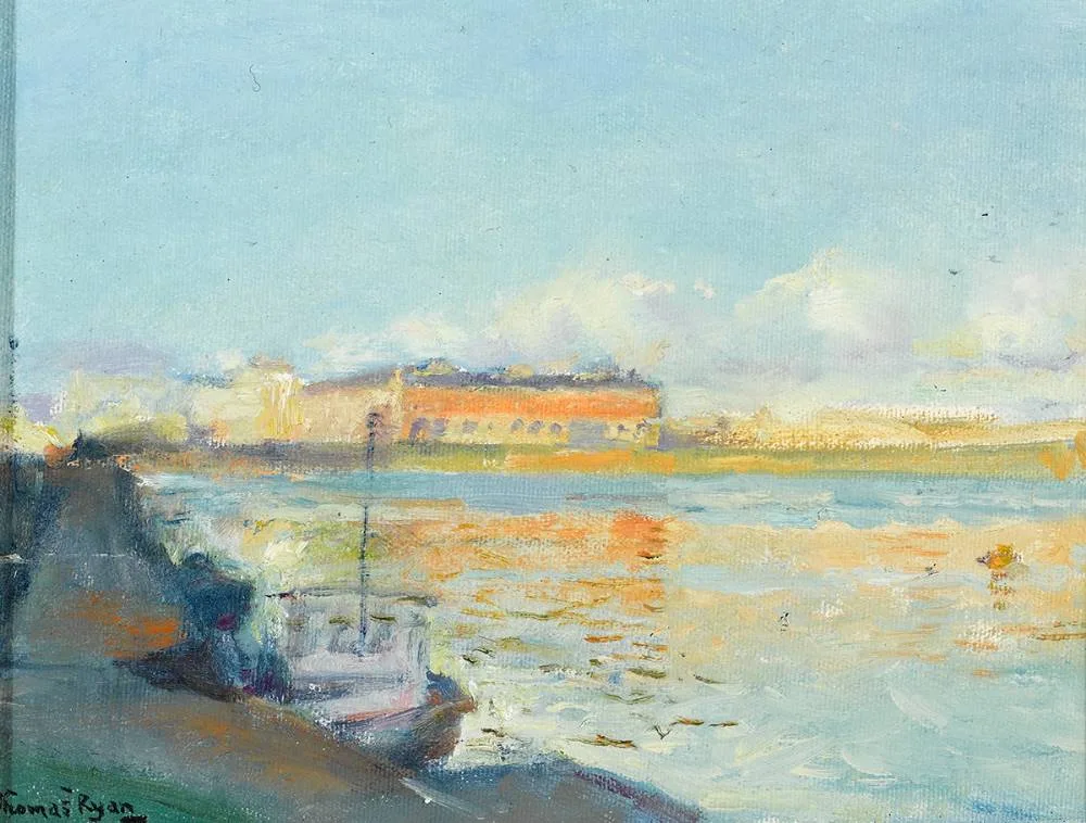 RINGSEND, THE LIFFEY, EVENING by Thomas Ryan, 1979, oil on board, sold May 2024