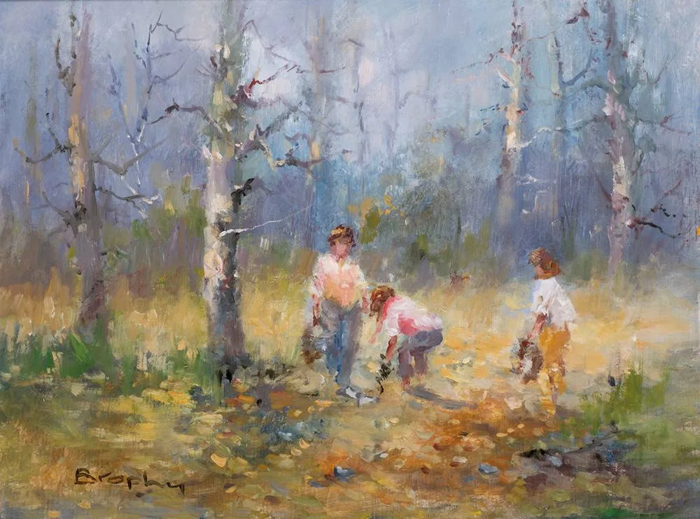 GATHERING PINE CONES by Elizabeth Brophy, oil on board, sold Mar 2024