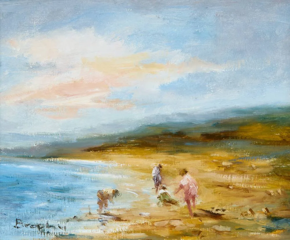 BEACH SCENE by Elizabeth Brophy, oil on board, sold Mar 2024