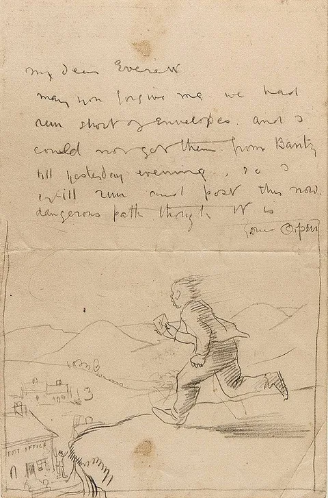THE ARTIST POSTING A LETTER [LETTER TO EVERETT] by William Orpen, pencil, offered Mar 2024
