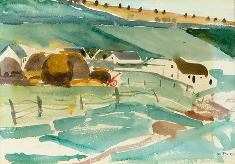 Nano Reid, RURAL LANDSCAPE WITH COTTAGES AND HAYRICKS, watercolour